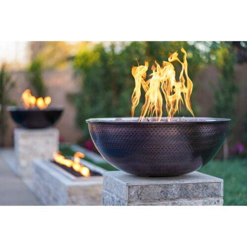 Sedona Round Hammered Copper Fire Bowl – 33" GFRC Concrete Base, 65k BTU