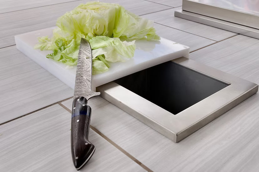 Kokomo KO-TRSCH Stainless Steel Trash Chute & Cutting Board – Built-In Outdoor Litter Solution