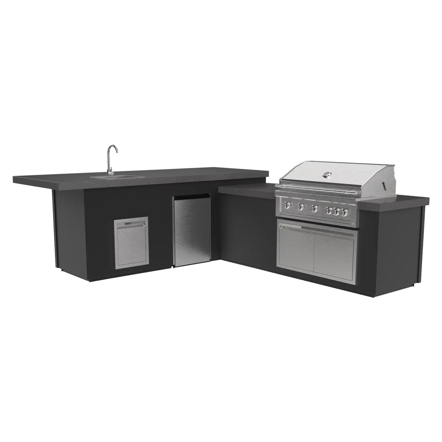 Outdoor Plus Maestro Collection 134L BBQ Island – 42″ Grill, Side Burner, Sink, Fridge, L-Shaped