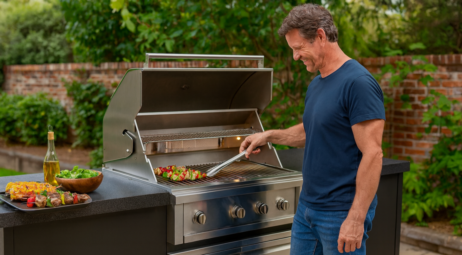 Man grilling outdoors using a stainless steel barbecue grill with a garden background.